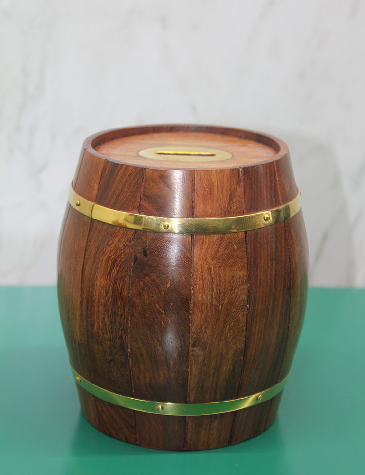 1996 Pirinç Ahşap Fıçı Kumbara - Görsel 1