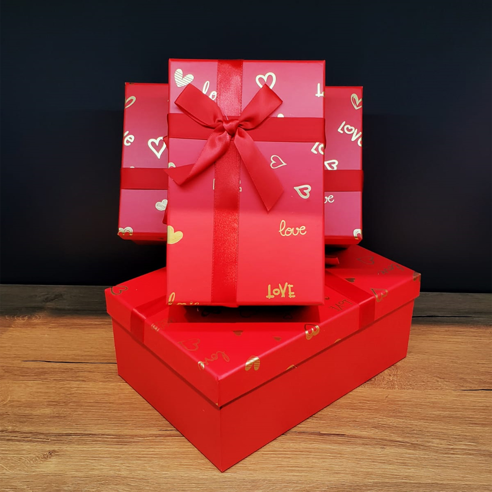 24242449544-1 Dikdörtgen 3'lü Kırmızı Hediye Kutusu - Görsel 1