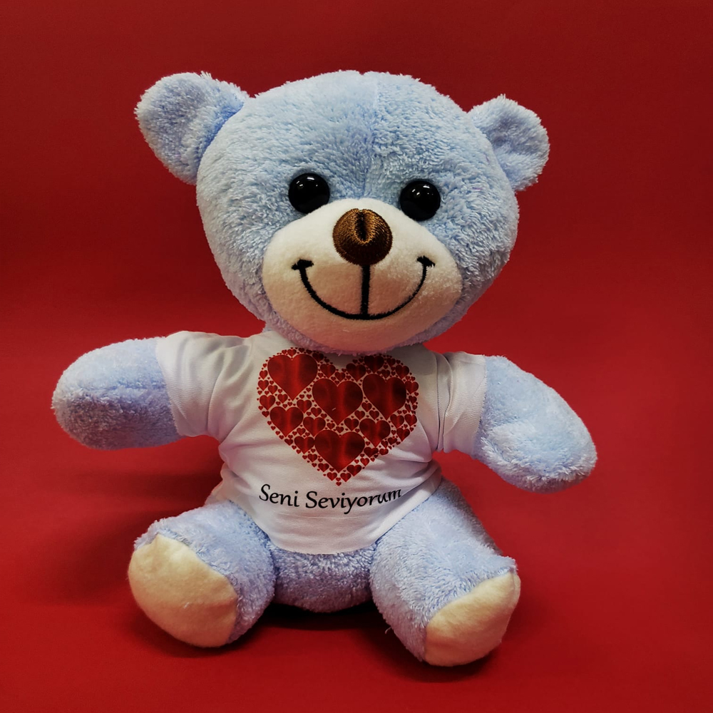 24242449626-1 Kalpli Seni Seviyorum Yazılı Tişörtlü Peluş Ayıcık - Görsel 1