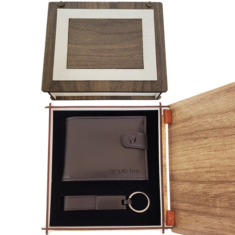 24242449678-1 Ahşap Kutulu Deri Cüzdan Ve Anahtarlık Seti - Görsel 1