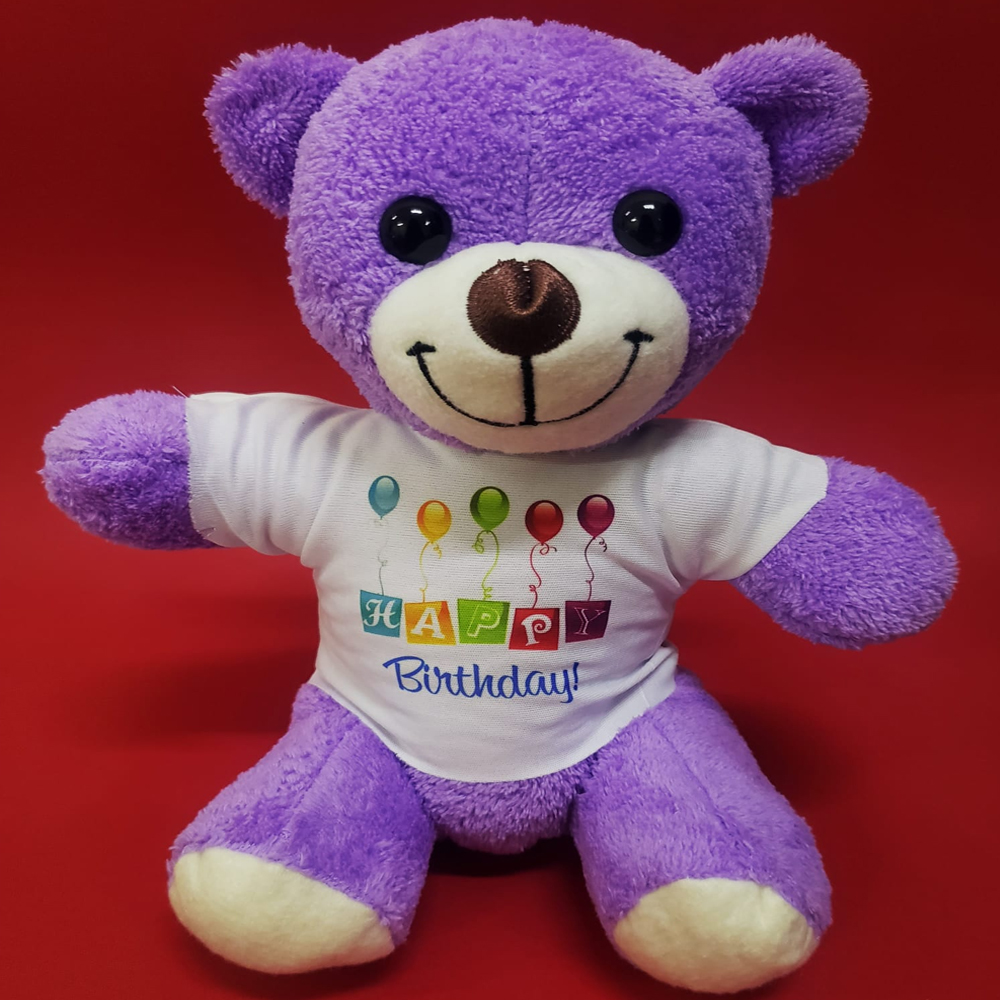 24242449724-1 Happy Birthday Tişörtlü Peluş Mor Ayıcık - Görsel 1