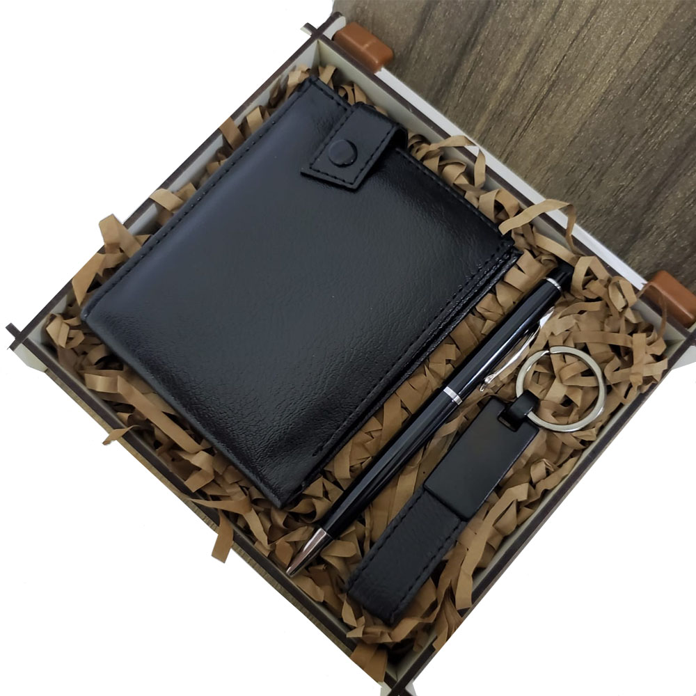 24242449766-1 Ahşap Deri Kutulu Siyah Renk 3'lü Hediye Seti - Kalem, Cüzdan, Anahtar - Görsel 1