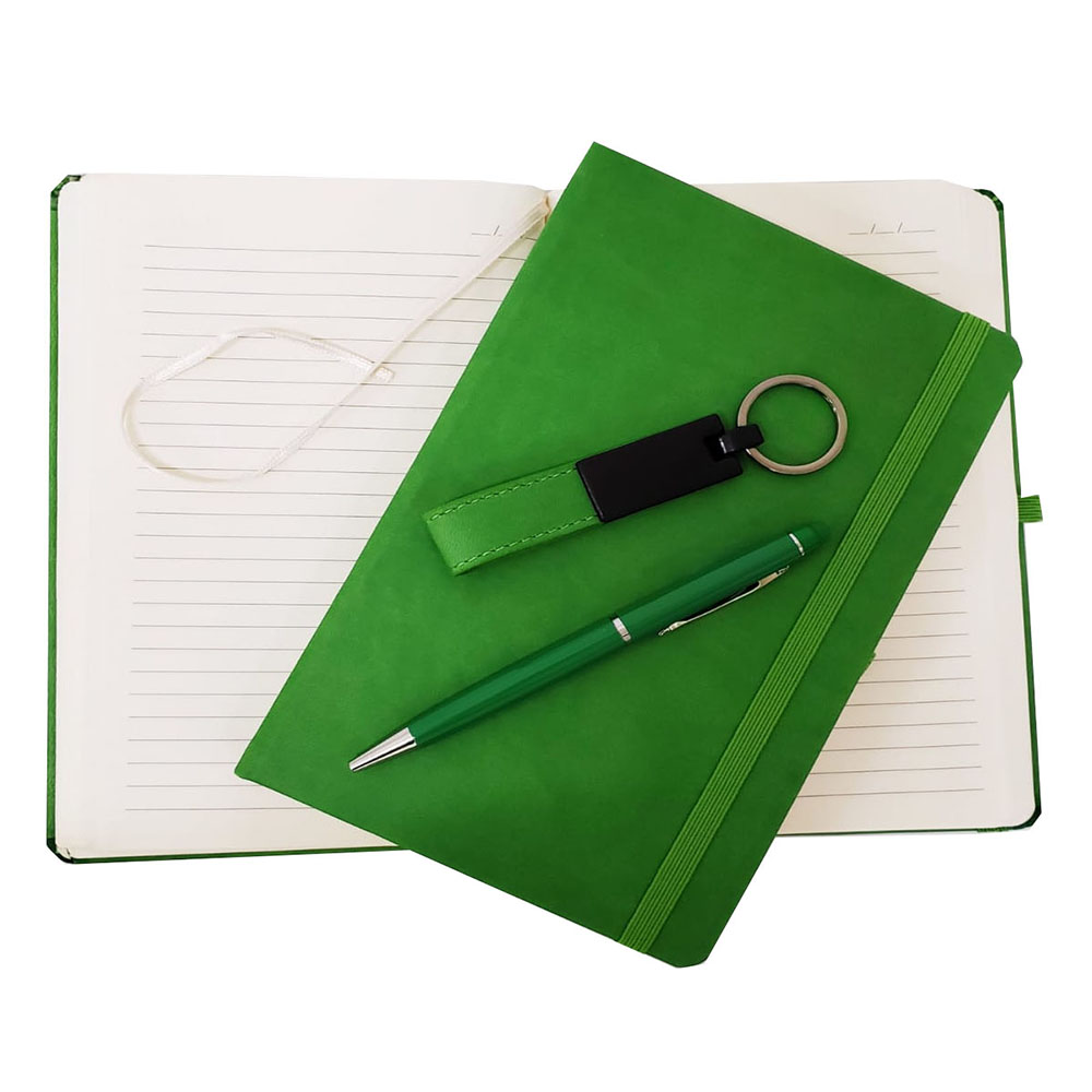 24242449817-1 Yeşil Termo Deri Defter, Kalem ve Anahtarlık Seti - Görsel 1