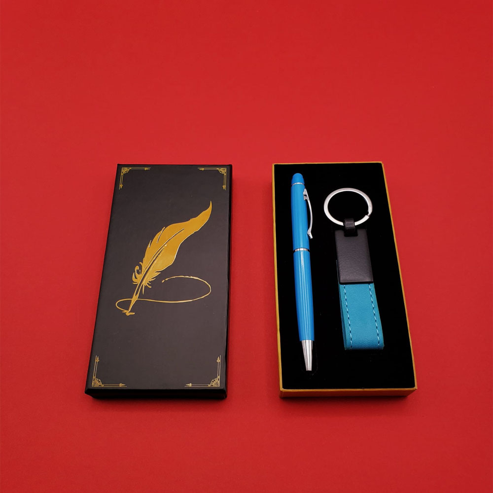 24242449992-1 Mavi Metal Deri Anahtarlık ve Kalem Seti - Görsel 1