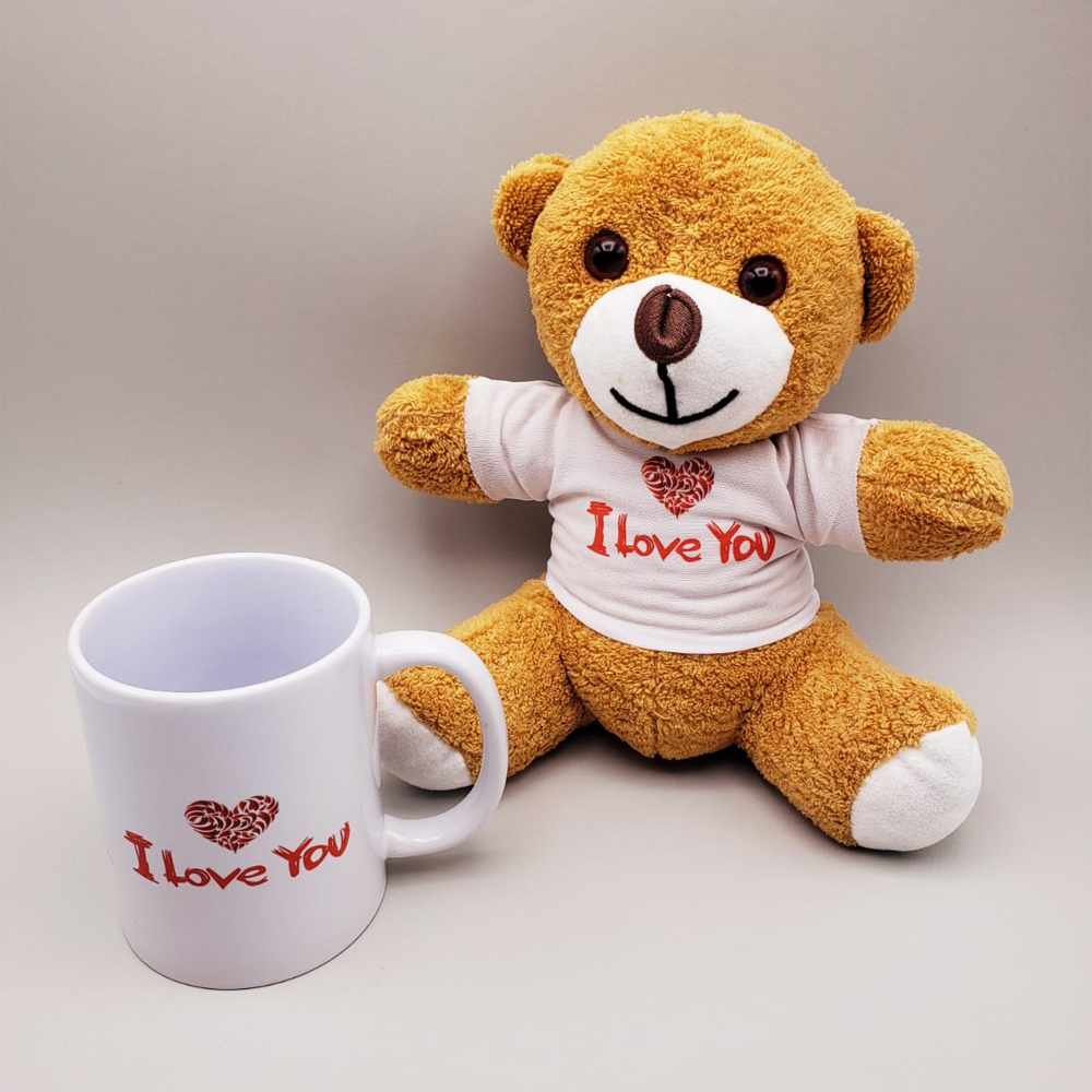 24242450314-1 Kahverengi I Love You Tişörtlü Ayıcık ve Baskılı Kupa Seti - Görsel 1