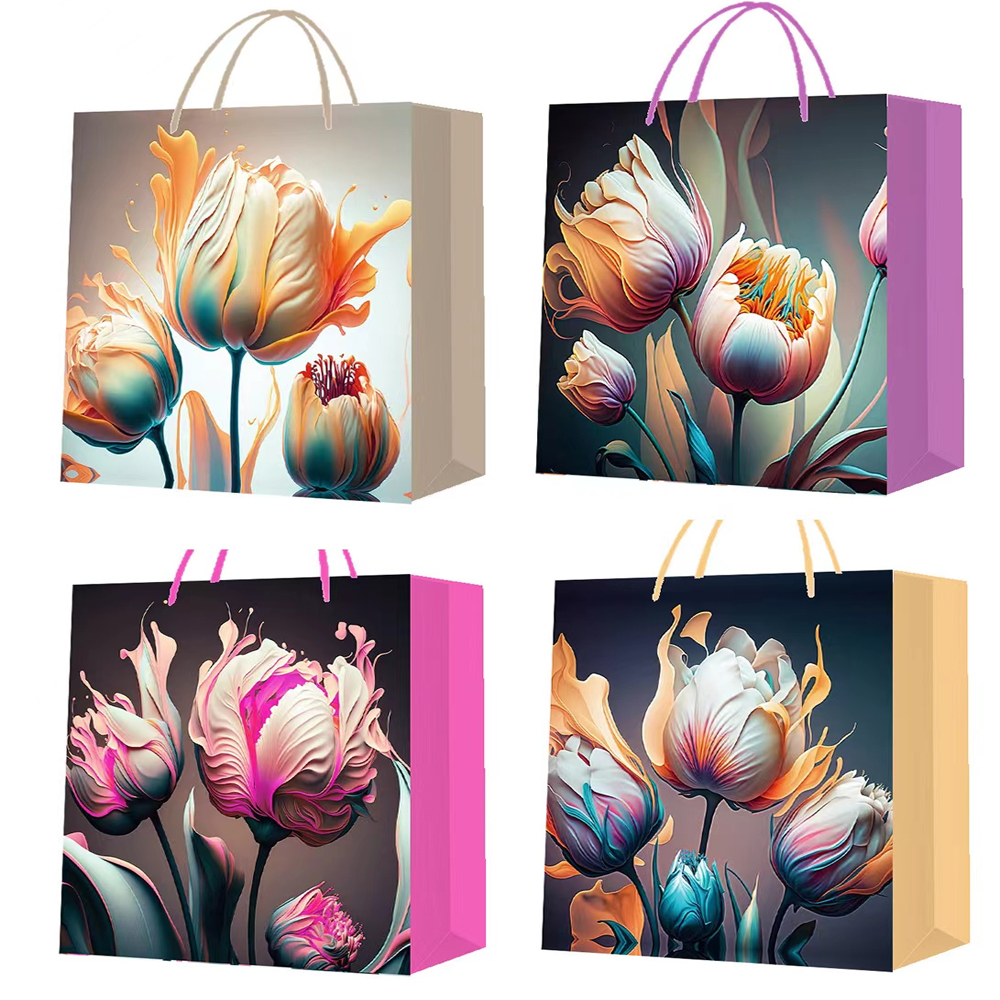 24242450386-1 Küçük Boy Lale Desenli Karton Hediye Çantası - Görsel 1