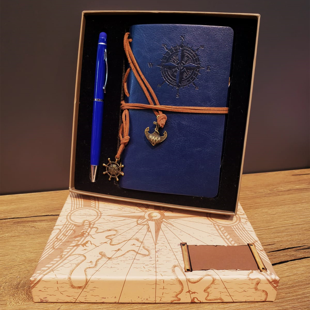 24242450443-1 Lacivert Pusula Tasarım Deri Defter Ve Tükenmez Kalem Seti - Görsel 1