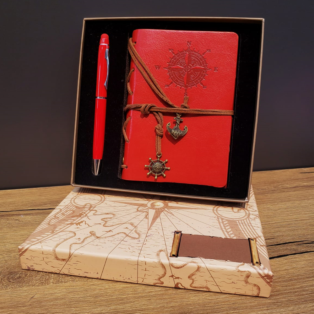 24242450449-1 Kırmızı Pusula Tasarım Deri Defter Ve Touchpen Kalem Seti - Görsel 1