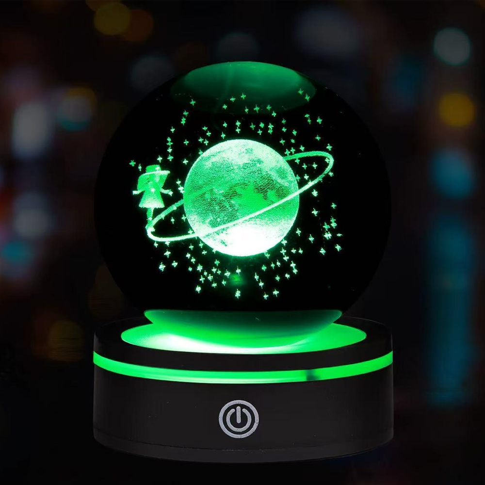 24242451603-1 USB'li Satürnlü Kız Tasarımlı Dönen Cam Küre - Görsel 1