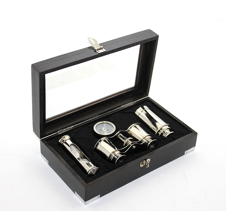 3944a Ahşap Kutulu Pirinç Dürbün Pusula Ve Kum Saati Seti - Görsel 1