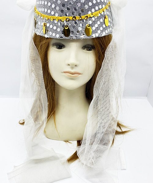 Beyaz Duvaklı Altın Pul İşlemeli Kına Fesi