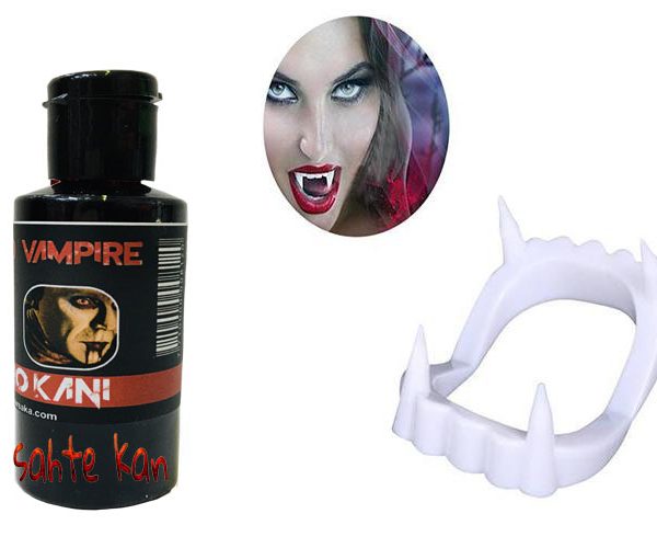Beyaz Renk Çift Damak Takma Vampir Dişi ve 50 gr Tiyatro Kanı Set