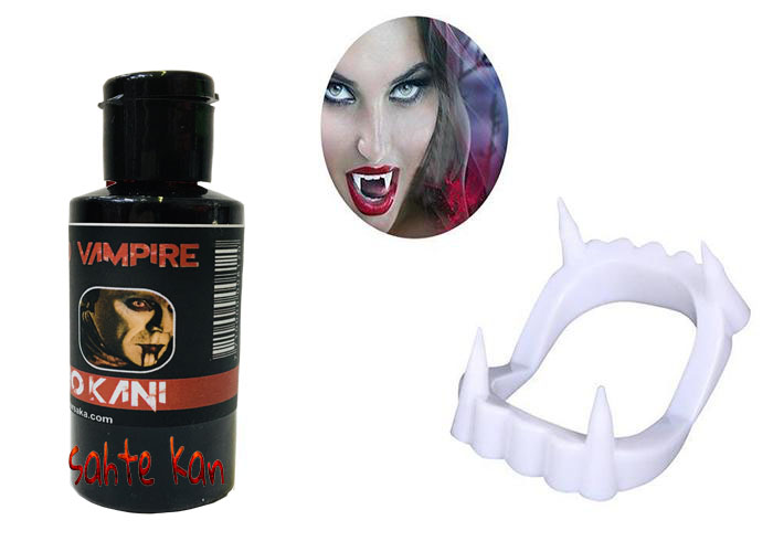 Beyaz-Renk-Cift-Damak-Takma-Vampir-Disi-ve-50-gr-Tiyatro-Kani-resim-3297 Beyaz Renk Çift Damak Takma Vampir Dişi ve 50 gr Tiyatro Kanı Set - Görsel 1