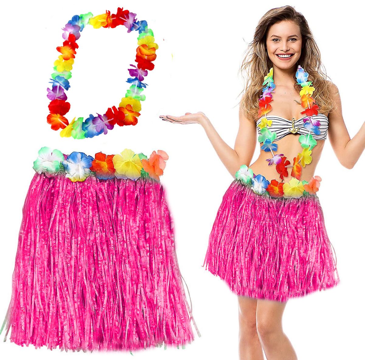 Hawaii-Luau-Aloha-Pembe-Puskullu-resim-4315 Hawaii Luau Aloha Pembe Püsküllü 40 cm Etek ve Hawaii Kolye Seti - Görsel 1