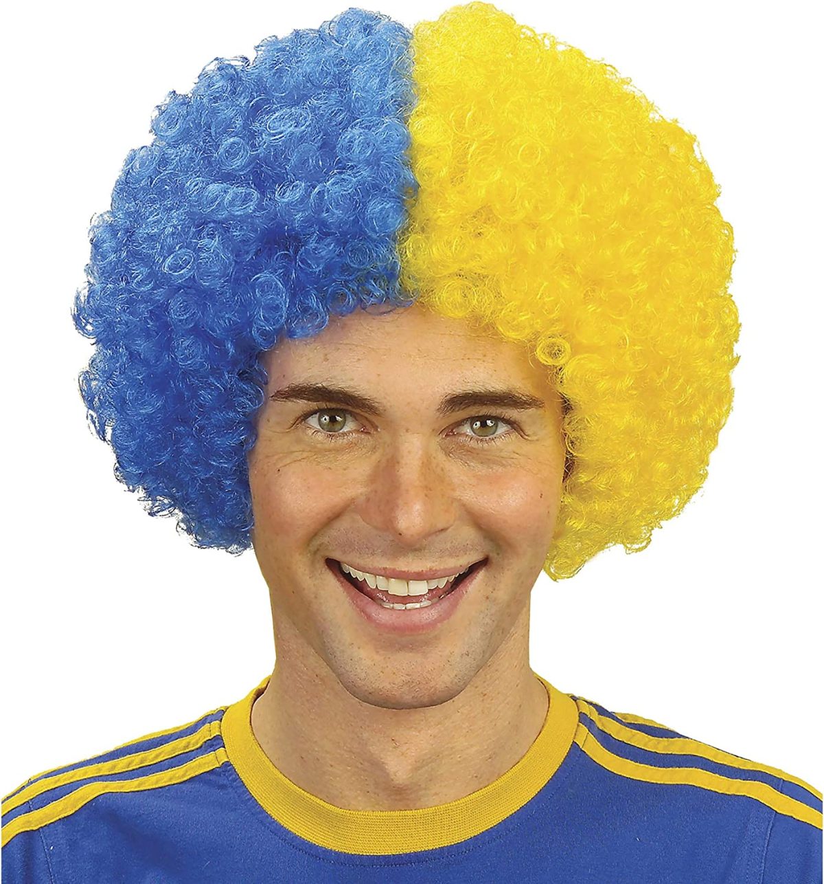 Sari-Mavi-Kivircik-Afro-Bonus-Pe-resim-4211 Sarı Lacivert Kıvırcık Afro Bonus Taraftar Peruğu - Görsel 1