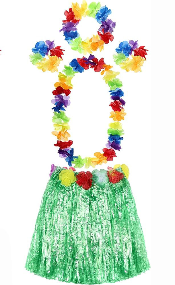 Yetiskin-ve-Cocuk-Uyumlu-Luau-Al-resim-4308 YETIŞKIN VE ÇOCUK UYUMLU LUAU ALOHA HAWAII YEŞIL ETEK VE RENKLI KOLYE TAÇ 2 ADET BILEKLIK SETI - Görsel 1