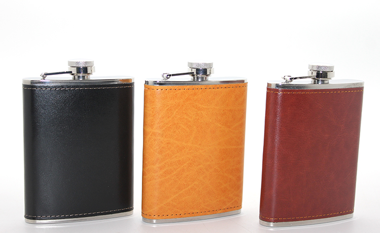 alk2661 Paslanmaz Çelik Tekli 8 Oz Derili Matara - Görsel 1