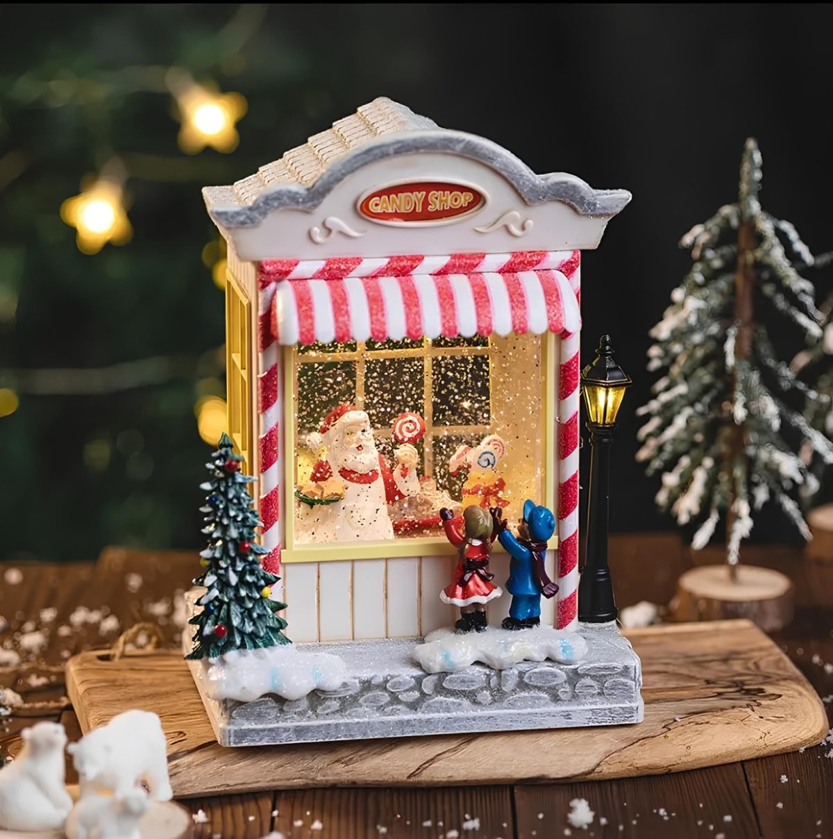 alk3191 Yılbaşı Temalı Şekerci Dükkanı Kar Küresi Işıklı Müzikli - Görsel 1