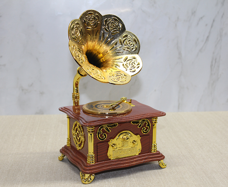 alk3789 Gramofon Müzik Kutusu Kahverengi - Görsel 1