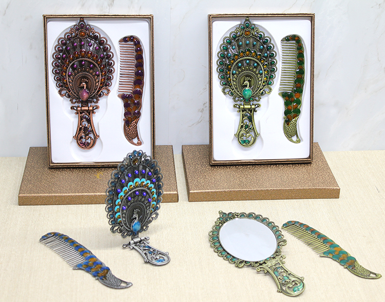 alk4982 Tavuskuşu Katlanabilir Ayna Ve Tarak Seti Büyük Boy - Görsel 1