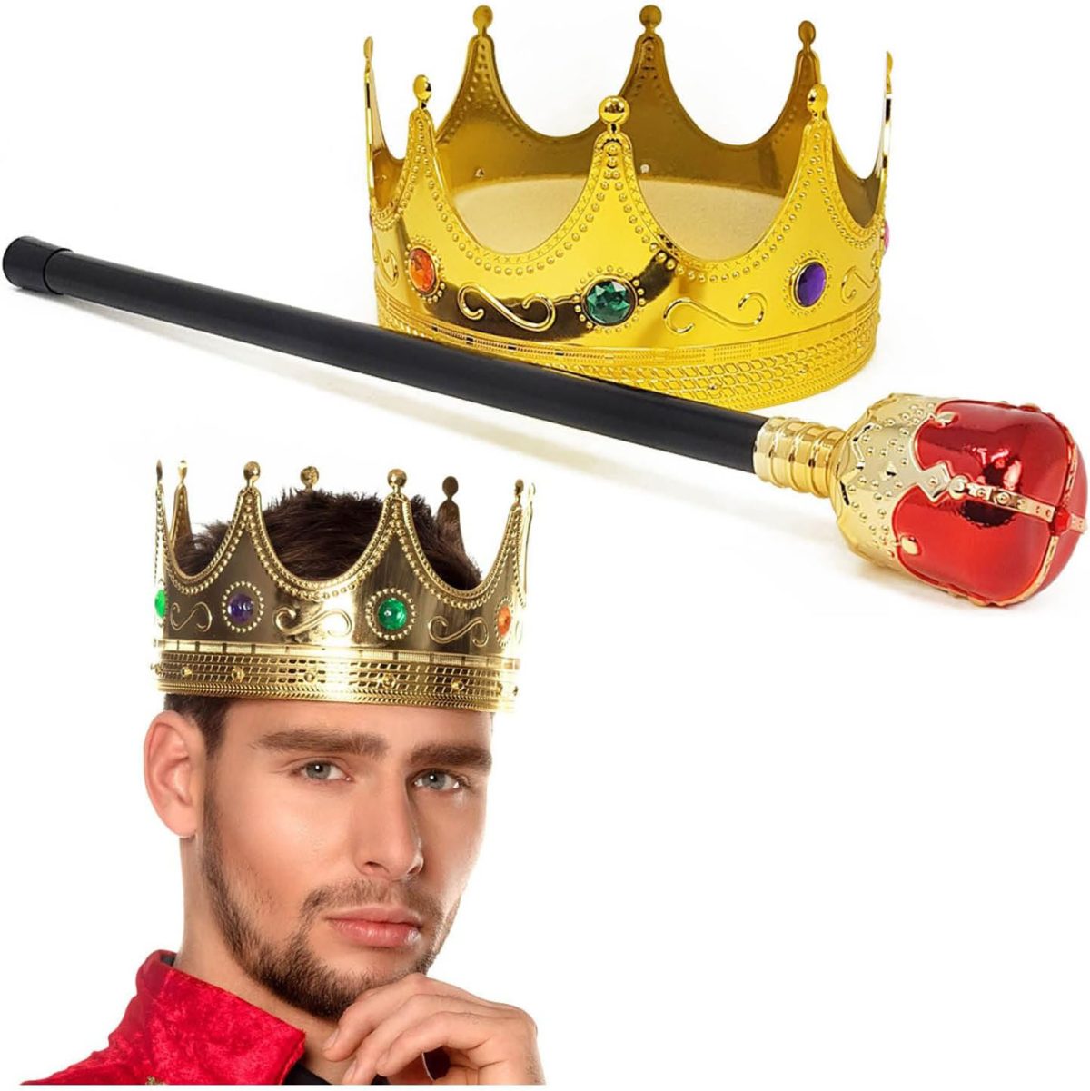 altin-renk-60-cm-kral-taci-kraliyet-taci-ve-kirmizi-topuzlu-kral-resim-4631 Altın Kral Tacı ve Kırmızı Topuzlu Asası Seti - Görsel 1