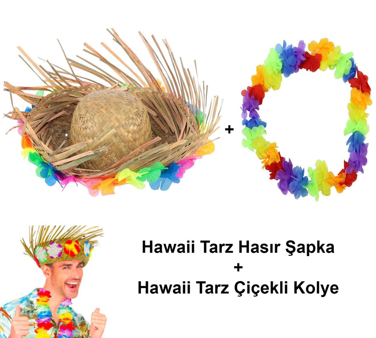 hawaii-tarzi-tropikal-cicekli-hasir-sapka-ve-cicekli-hawaii-koly-resim-5102 Hawaii Tarzı Set - Tropikal Çiçekli Hasır Şapka ve Çiçekli Hawaii Kolye - Görsel 1