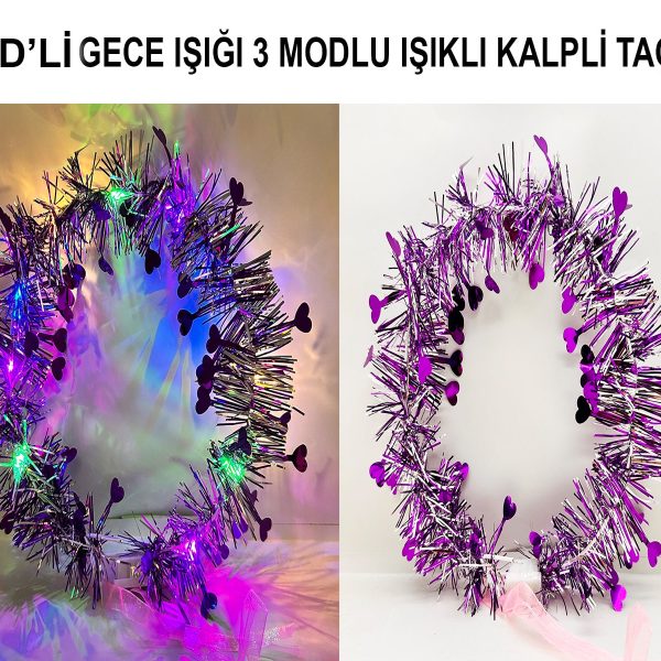 Kalp Püsküllü 3 Modlu LED Işıklı Taç Mor Renk