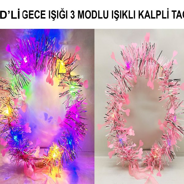 Kalp Püsküllü 3 Modlu LED Işıklı Taç Pembe Renk