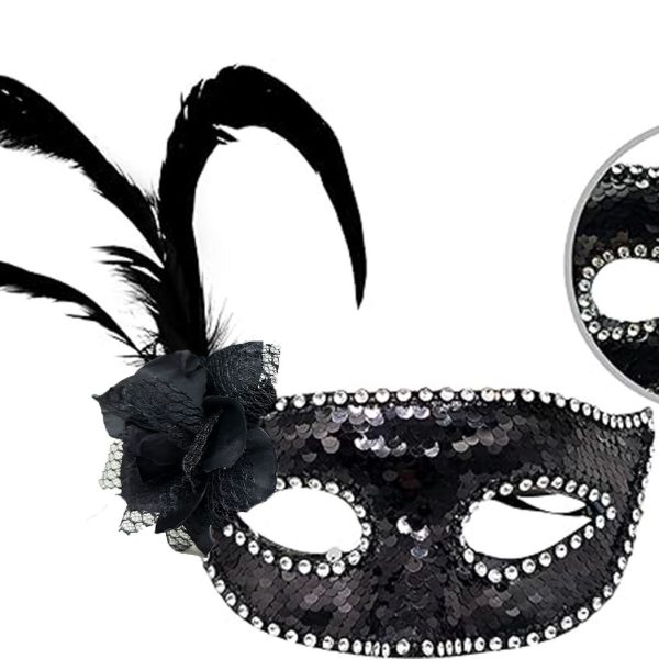 Siyah Yandan Tüylü Güllü Taşlı Pullu Maske